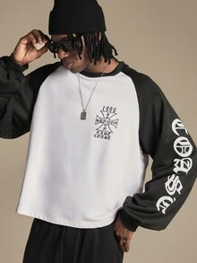 SUMWON 1996 East Coast Raglan Long Sleeve Tee With Old English Gothic Text Chest And Sleeve Print Oversized Fit - Black and White - View 1