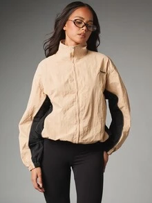 MISSGUIDED Color Block Full Zip Track Jacket Cropped Fit High Neck Elasticated Cuffs Contrast Panel Detail - Khaki - View 1