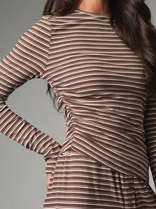 MISSGUIDED Striped Long Sleeve Boat Neck Ruched Top And Wide Leg Pants Co-Ord Set Matching Two Pieces Lounge Outfit - Black - View 5