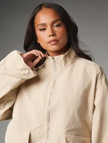 MISSGUIDED Oversized Utility Jacket With Stand Collar Zip Closure Flap Pockets And Crinkle Nylon Fabric For Spring Casual Everyday Wear - Apricot - View 4