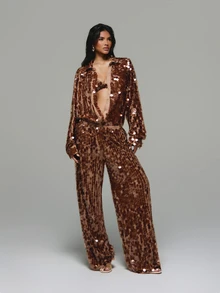 KIZN Celana Panjang Lebar Berhiaskan Payet dan Sequins dengan Pinggang Rendah, Cocok untuk Pesta Malam Hari, Liburan, dan Acara Meriah. - Coklat - View 5