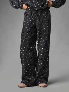 MISSGUIDED Polka Dot Wide Leg Casual Pants With Elasticated Drawstring Waist Full Length Relaxed Fit Side Pockets Spring Summer Holiday - Black and White - View 1