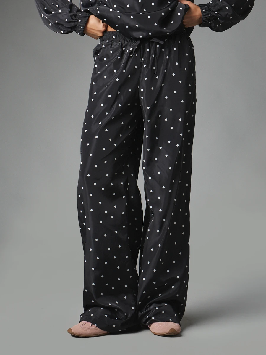 MISSGUIDED Polka Dot Wide Leg Casual Pants With Elasticated Drawstring Waist Full Length Relaxed Fit Side Pockets Spring Summer Holiday - Black and White - View 1