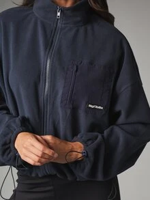 MISSGUIDED Oversized Full-Zip Fleece Jacket Cropped With Chest Pocket And Drawstring Hem Autumn Winter - Navy Blue - View 2