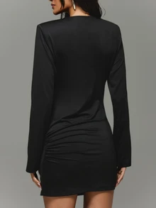 KIZN Long Sleeve Bodycon Mini Dress With Crystal Rhinestone Buckle Detail Bell Sleeves Ruched High Slit Holiday Party Night Out - Black - View 6
