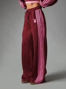 Missguided x Playboy Bunny Logo Wide Leg Jogger Pants With Pink Vertical Side Stripes Drawstring Waist Casual Full Length Tracksuit Bottoms - Burgundy - View 1