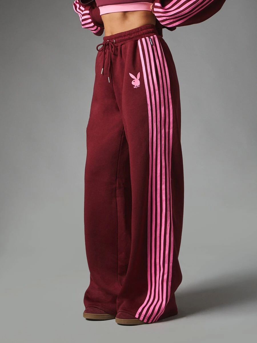 Missguided x Playboy Bunny Logo Wide Leg Jogger Pants With Pink Vertical Side Stripes Drawstring Waist Casual Full Length Tracksuit Bottoms - Burgundy - View 1