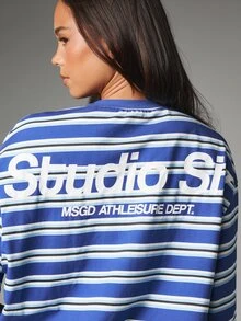 MISSGUIDED Oversized Striped Long Sleeve Crew Neck Top With Back Logo Print Six Athleisure Longline Relaxed Fit Casual Tee - Blue and White - View 5