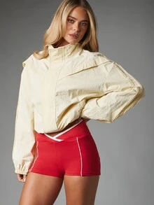Missguided x Playboy High Rise Hot Pants Mini Shorts With White Contrast Piping Side Pockets And Logo Waistband Retro Style - Red - View 2