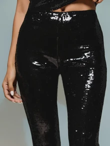 KIZN Black Sequin High Rise Cycling Shorts Skin Tight Knee Length Glam Party Festival New Year Eve Holiday Night Out - Multicolor - View 2