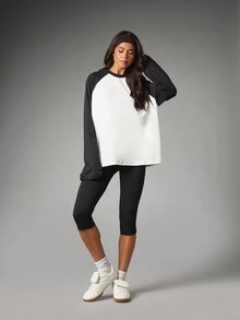 MISSGUIDED Oversized Raglan Long Sleeve Baseball Tee Color Block Crew Neck Boxy Fit Longline Top And Capri Pant Casual Everyday Style - Black and White - View 3