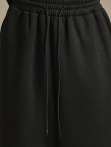SUMWON Wide Leg Sweatpants With Rhinestone Logo Leg Print Drawstring Waist Fleece Jogger Trouser Relaxed Fit Full Length - Black - View 6