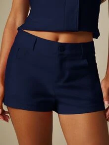 MISSGUIDED High-Waist Tailored Mini Shorts With Button Closure And Side Pockets Smart Casual Summer Holiday Style - Navy Blue - View 2