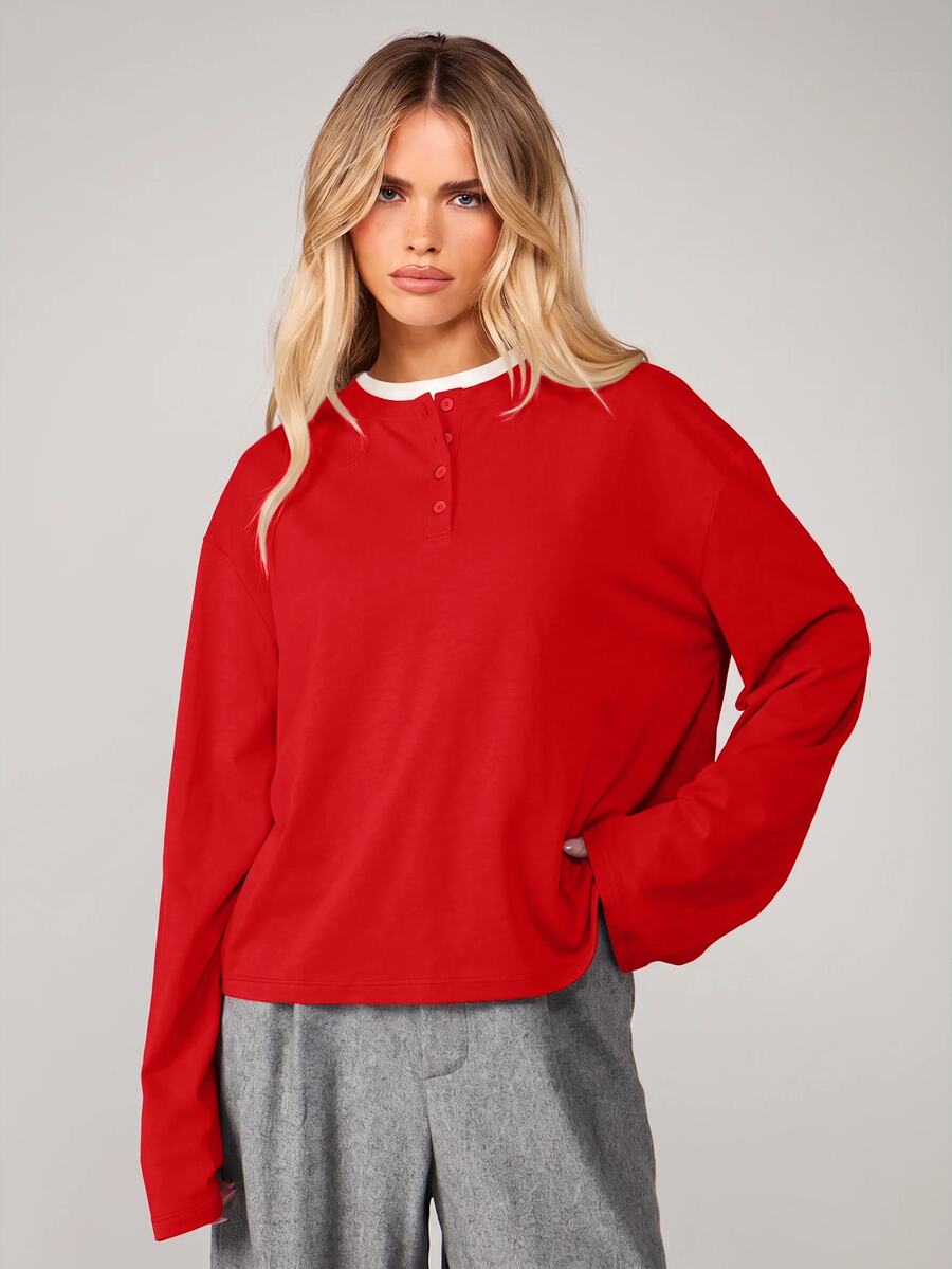 MISSGUIDED Long Sleeve Henley Top With Contrast Crew Neckline Oversized Relaxed Fit Pullover Casual Everyday Essential Fall Winter - Red - View 1
