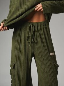 MISSGUIDED Misguided Athleisure Ribbed Knit Co-Ord Set Oversized Crew Neck Sweater And Wide Leg Cargo Pants Autumn Winter Lounge Two Pieces - Army Green - View 4