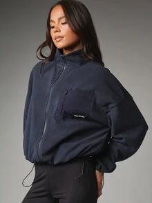 MISSGUIDED Oversized Full-Zip Fleece Jacket Cropped With Chest Pocket And Drawstring Hem Autumn Winter - Navy Blue - View 5
