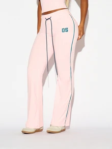 SUMWON WOMEN High Rise Flared Track Pants With Teal Contrast Piping And Drawstring Waist Numeric Graphic Detail Casual Full Length Bottoms - Pink - View 3