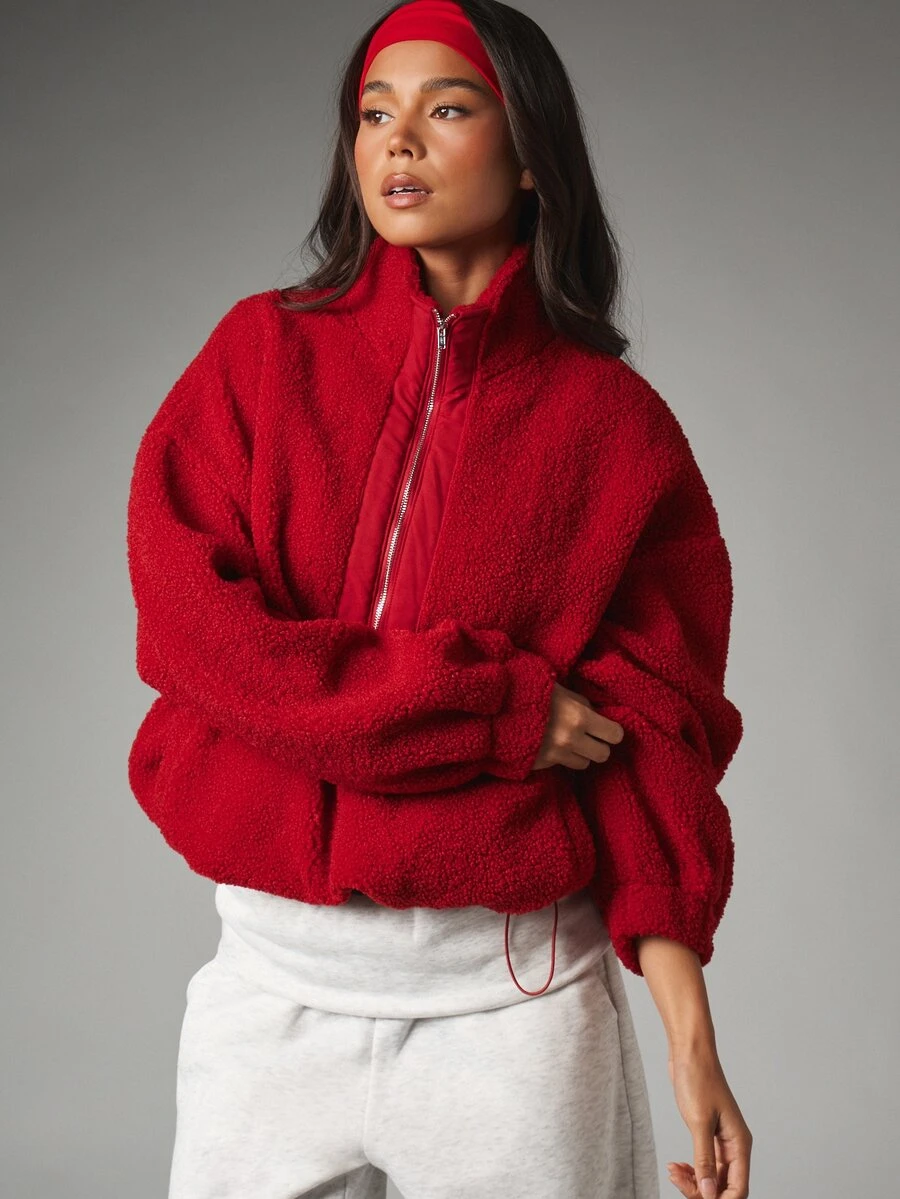 MISSGUIDED Oversized Full-Zip Sherpa Fleece Sweatshirt Cozy Boucle Texture High Neck Winter Jacket Autumn Essential - Burgundy - View 1