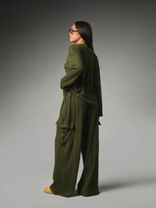 MISSGUIDED Misguided Athleisure Ribbed Knit Co-Ord Set Oversized Crew Neck Sweater And Wide Leg Cargo Pants Autumn Winter Lounge Two Pieces - Army Green - View 3