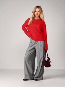 MISSGUIDED Long Sleeve Henley Top With Contrast Crew Neckline Oversized Relaxed Fit Pullover Casual Everyday Essential Fall Winter - Red - View 3