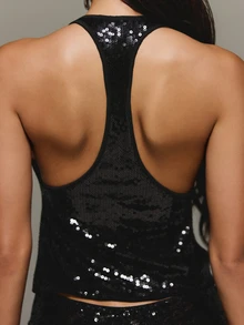 KIZN Sequin Racerback Halter Crop Top With Scoop Neck Sleeveless Sparkly Party Night Out Holiday Festive Style - Black - View 1