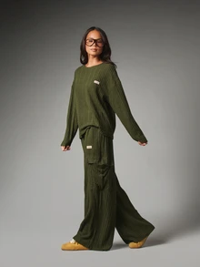 MISSGUIDED Misguided Athleisure Ribbed Knit Co-Ord Set Oversized Crew Neck Sweater And Wide Leg Cargo Pants Autumn Winter Lounge Two Pieces - Army Green - View 5