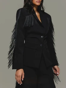 KIZN Fringe Trim Fitted Blazer With Shoulder Yoke Tassel Detail Single Breasted Lapel Collar Tailored Jacket Fall Winter Party - Black - View 1
