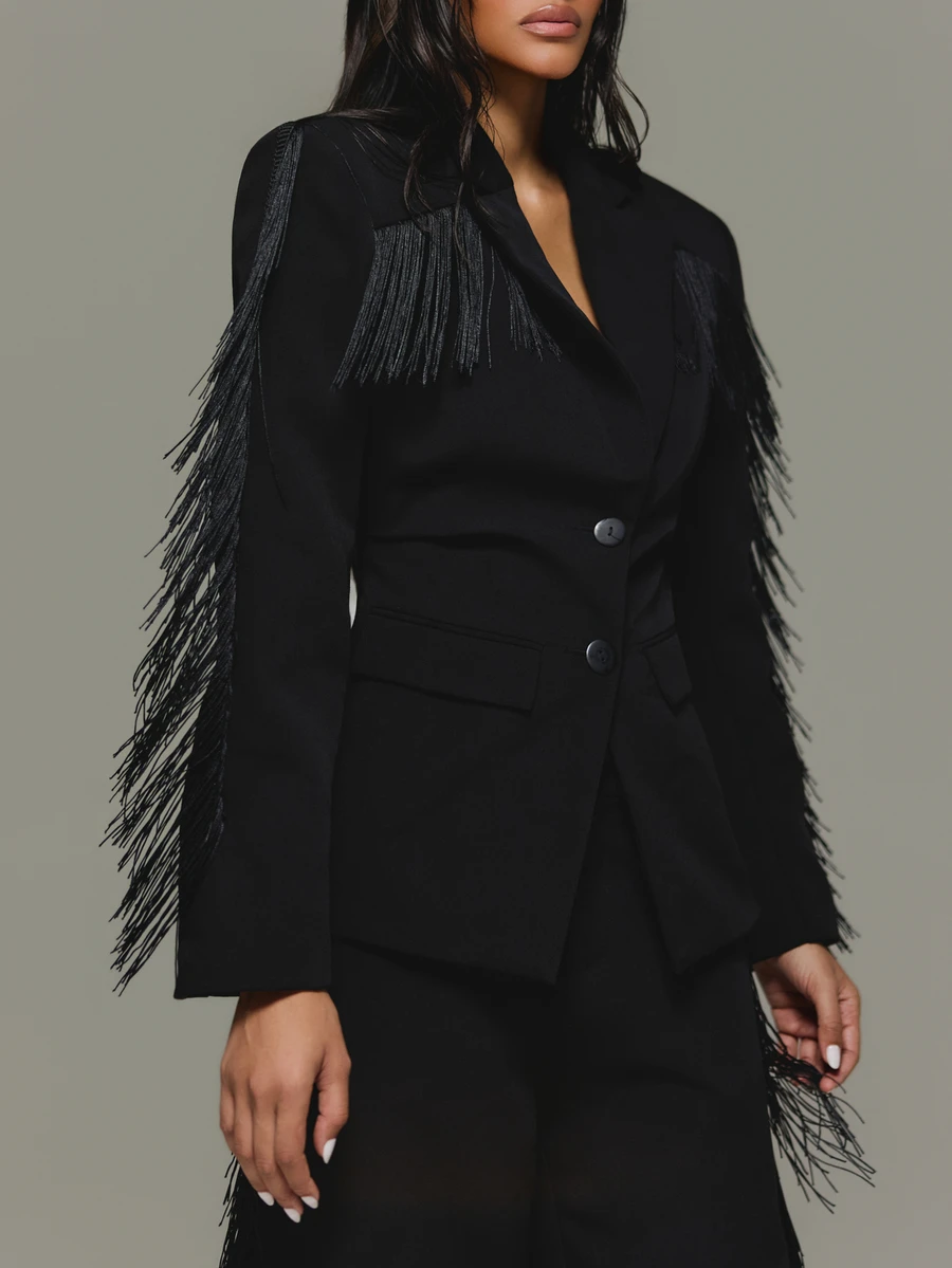 KIZN Fringe Trim Fitted Blazer With Shoulder Yoke Tassel Detail Single Breasted Lapel Collar Tailored Jacket Fall Winter Party - Black - View 1