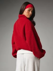 MISSGUIDED Oversized Full-Zip Sherpa Fleece Sweatshirt Cozy Boucle Texture High Neck Winter Jacket Autumn Essential - Burgundy - View 3