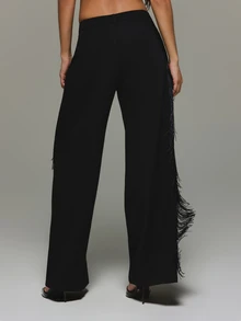 KIZN Wide Leg Fringe Trim High Rise Dress Pants Elegant Side Fringe Detail Full Length Tailored Trousers Party Evening Occasion - Black - View 6