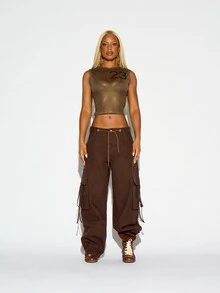 SUMWON WOMEN Olive Mesh Sleeveless Crop Tank Top With Number 23 Chest Print Crew Neck Semi Sheer Fitted Festival Summer Style - Army Green - View 2