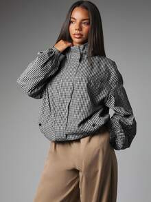 MISSGUIDED Oversized Checked Shirt With High Neck Balloon Sleeves Cropped Length Plaid Woven Top Fall Winter Casual Chic Style - Black and White - View 1