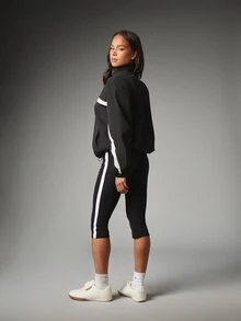 MISSGUIDED Oversized Half-Zip Cropped Windbreaker Jacket And Side Stripe Cropped Leggings Co-Ord Set With Contrast Panel Detail - Black - View 4