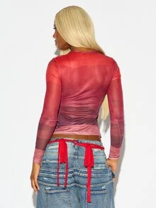 SUMWON WOMEN Sheer Mesh Crop Top Long Sleeve Crew Neck Abstract Photographic AOP Print Semi-Transparent Fitted Layer Party Night Out Spring Summer Festival - Red - View 5