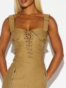SUMWON WOMEN Utility Mini Dress With Lace-Up Sweetheart Neckline Adjustable Buckle Straps Zipper Pockets And Cargo Style Design - Army Green - View 4