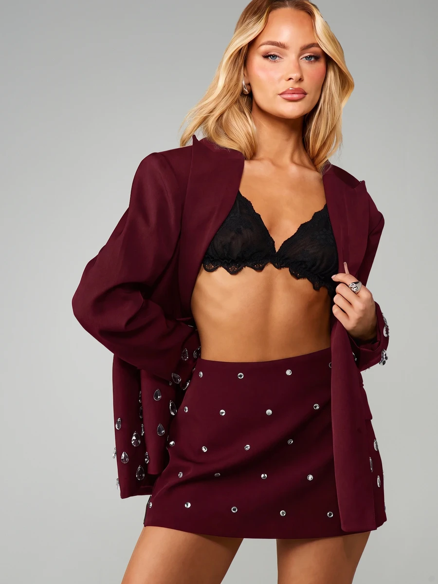 MISSGUIDED Embellished Crystal Rhinestone Mini Skirt Party Night Out Holiday Festive Occasion Tailored A-Line Short Skirt - Burgundy - View 1