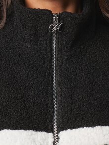 MISSGUIDED Six Oversized Sherpa Fleece Full-Zip Jacket With Contrast White Stripe Panels And Stand Collar Winter Outerwear - Black and White - View 2