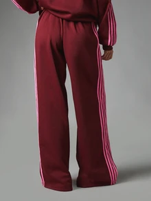 Missguided x Playboy Bunny Logo Wide Leg Jogger Pants With Pink Vertical Side Stripes Drawstring Waist Casual Full Length Tracksuit Bottoms - Burgundy - View 2