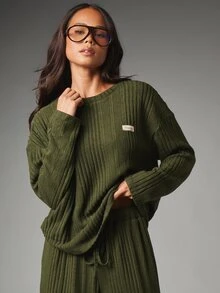 MISSGUIDED Misguided Athleisure Ribbed Knit Co-Ord Set Oversized Crew Neck Sweater And Wide Leg Cargo Pants Autumn Winter Lounge Two Pieces - Army Green - View 6