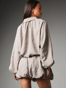 MISSGUIDED Plaid Co-Ord Set Cropped Zip-Up Jacket With Collared Neck Puff Sleeves And Bubble Hem Mini Shorts Two Pieces Autumn Winter Outfit - Multicolor - View 3