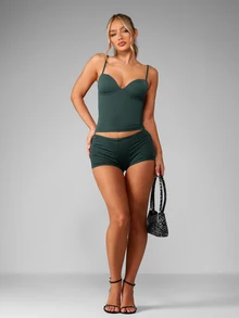 MISSGUIDED Sweetheart Neckline Bustier Crop Cami Top With Built-In Cup Support And Ruched Side Detail For Summer Vacation - Dark Green - View 4