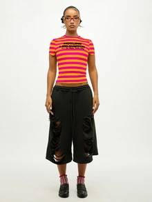SUMWON Striped Crop Slim Fit Tee With Graphic Text Print Round Neck Short Sleeve Fitted Top Summer Festival Season - Multicolor - View 7