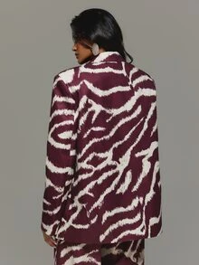 KIZN Oversized Satin Blazer With Abstract Animal Print Lapel Collar Single Button Closure Hip Length Tailored Jacket Fall Winter Party Evening - Red - View 5