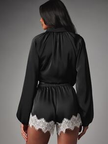 MISSGUIDED Satin High Waist Drawstring And Lace Trim Hem Party Holiday Short - Black and White - View 5