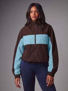 MISSGUIDED Color Block Zip-Up Track Jacket With Mock Neck Elasticated Cuffs And Relaxed Oversized Fit For Autumn Winter - Chocolate Brown - View 1
