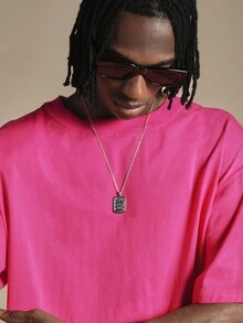 SUMWON Oversized Crew Neck Short Sleeve T-Shirt With Gothic Script Rhinestone Embroidered Back Logo Detail - Hot Pink - View 4