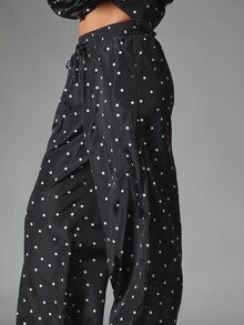 MISSGUIDED Polka Dot Wide Leg Casual Pants With Elasticated Drawstring Waist Full Length Relaxed Fit Side Pockets Spring Summer Holiday - Black and White - View 4