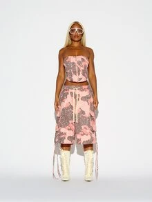 SUMWON WOMEN Pink Camo Pearl Embellished Cargo Shorts With Elasticated Drawstring Waist Below Knee Length Summer Festival Shorts - Multicolor - View 2