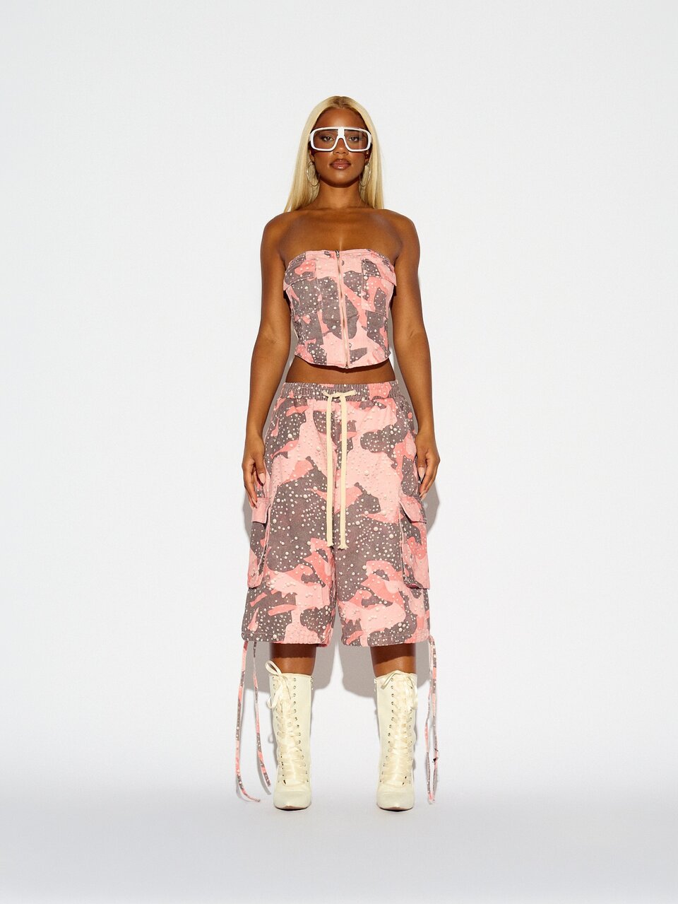 SUMWON WOMEN Pink Camo Pearl Embellished Cargo Shorts With Elasticated Drawstring Waist Below Knee Length Summer Festival Shorts