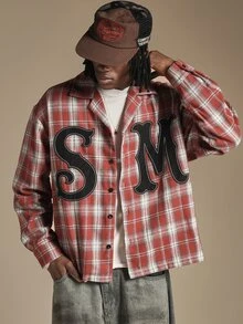 SUMWON Oversized Plaid Flannel Shirt With Large Applique Letters Spread Collar Long Sleeve Button Front Autumn Winter Outerwear - Red - View 4
